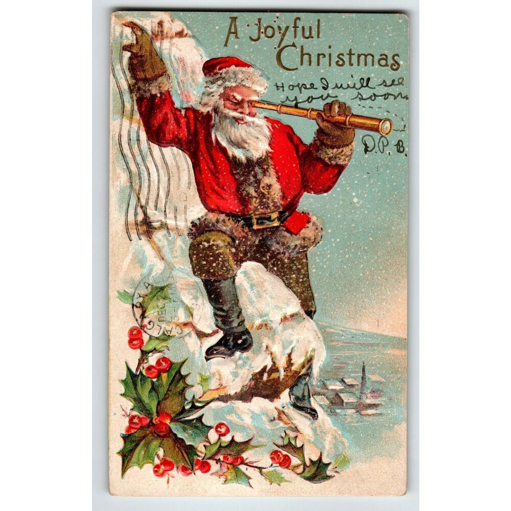 Santa Claus Christmas Postcard On Mountain Using Telescope Village Below 1910